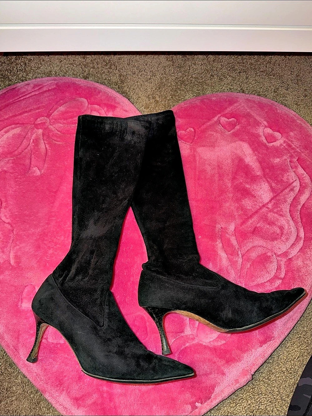 Black Pointed-Toe Over-the-Knee Heeled Boots
